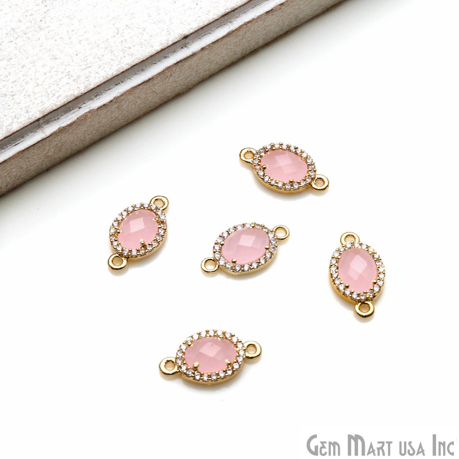 Oval 7x5mm Gold Prong Setting Cubic Zircon Pave Connectors (Pick Stone) - GemmartUSA
