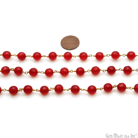 Red Jade 8mm Round Gold Plated Wire Wrapped Rosary Chain
