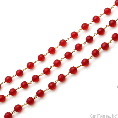 Red Jade 8mm Round Gold Plated Wire Wrapped Rosary Chain