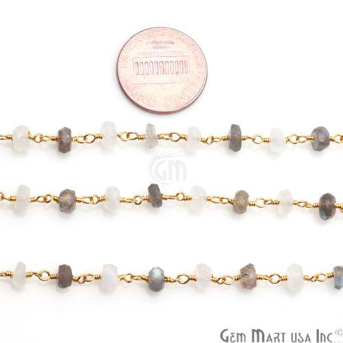 Labradorite,Rainbow Moonstone 5-6mm Beaded Gold Plated Wire Wrapped Rosary Chain