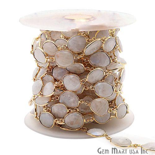 Rainbow Moonstone 10mm Mix Faceted Gold Bezel Continuous Connector Chain (764011970607)