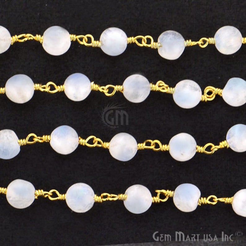 Rainbow Moonstone Jade Faceted Beads 6mm Gold Plated Wire Wrapped Rosary Chain - GemMartUSA