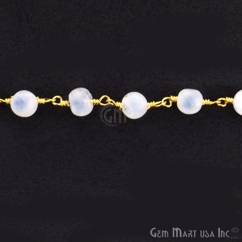 Rainbow Moonstone Jade Faceted Beads 6mm Gold Plated Wire Wrapped Rosary Chain - GemMartUSA