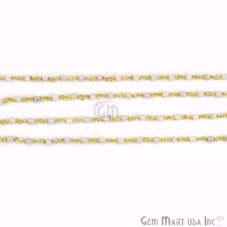 Rainbow Moonstone Beads 2mm Gold Plated Wire Wrapped Rosary Chain - GemMartUSA