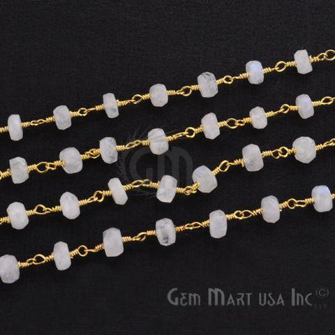 Rainbow Moonstone & Golden Pyrite Beads 4-5mm Gold Wire Wrapped Rosary Chain