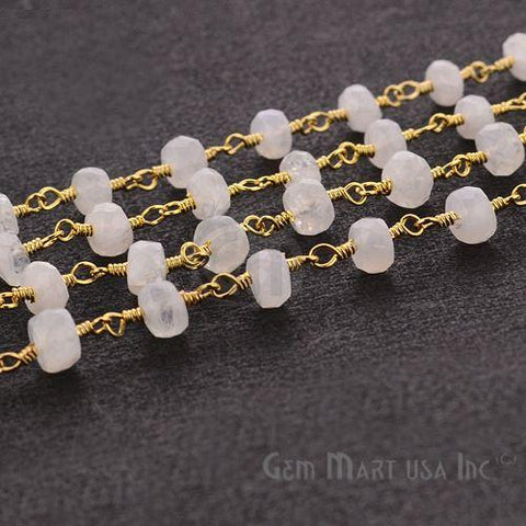 Rainbow Moonstone & Golden Pyrite Beads 4-5mm Gold Wire Wrapped Rosary Chain