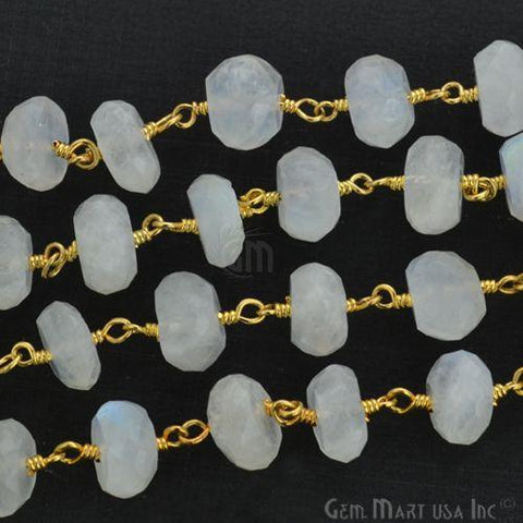 Rainbow moonstone 8-9mm Gold Plated Wire Wrapped Rosary Chain (763794882607)