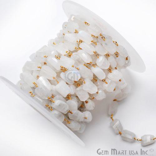 Rainbow Moonstone 10-15mm Fancy Cut Beads Gold Wire Wrapped Rosary Chain (763795636271)