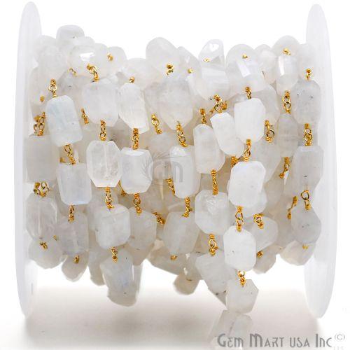 Rainbow Moonstone 10-15mm Fancy Cut Beads Gold Wire Wrapped Rosary Chain (763795636271)