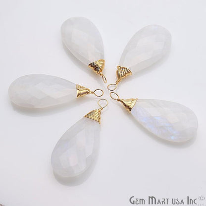 Rainbow Moonstone Pear 37x15mm Gold Wire Wrapped Gemstone Connector - GemMartUSA