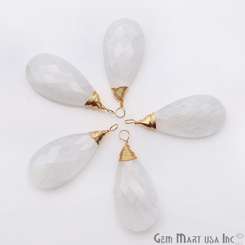 Rainbow Moonstone Pear 37x15mm Gold Wire Wrapped Gemstone Connector - GemMartUSA