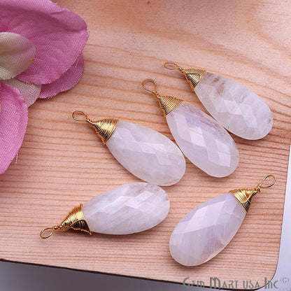 Rainbow Moonstone 31x12mm Pear Shaped Gold Wire Wrapped Connector - GemMartUSA