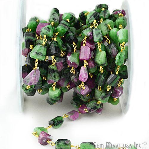 Ruby Zoisite 10mm Faceted Beads Gold Wire Wrapped Rosary Chain (763915665455)