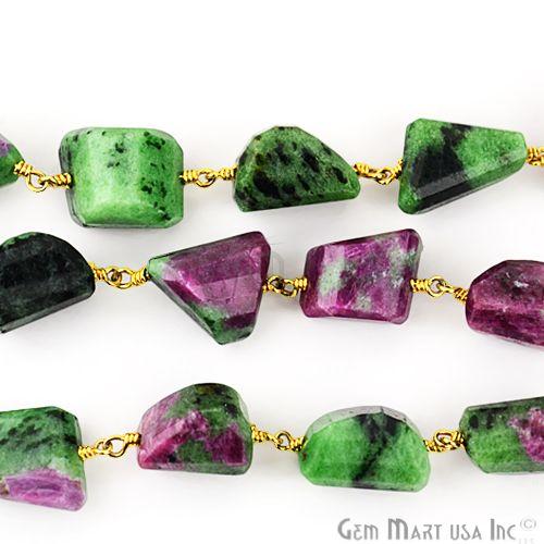 Ruby Zoisite 10-15mm Faceted Beads Gold Wire Wrapped Rosary Chain (763916386351)