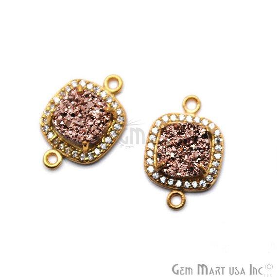 Druzy With Cubic Zircon Pave 8mm Cushion Shape Gold Plated Double Bail Gemston Connector (40015) - GemMartUSA