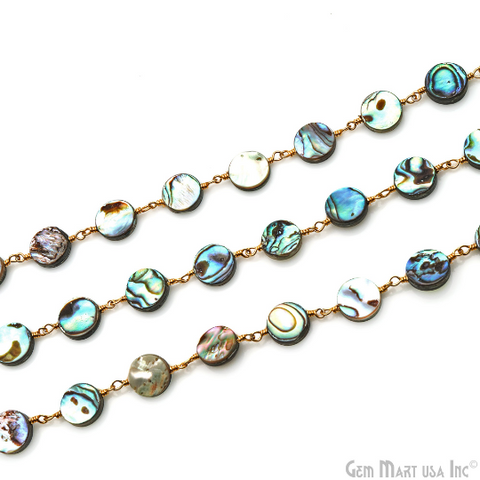 Abalone 10mm Flat Round Gold Plated Wire Wrapped Continuous Connector Chain