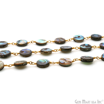 Abalone 10mm Flat Round Gold Plated Wire Wrapped Continuous Connector Chain