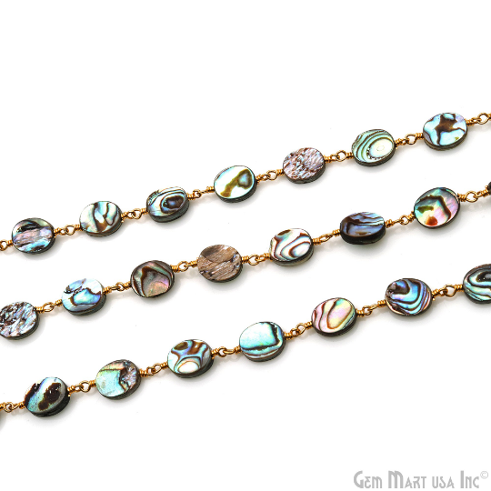 Abalone 8x10mm Flat Oval Gold Plated Wire Wrapped Continuous Connector Chain