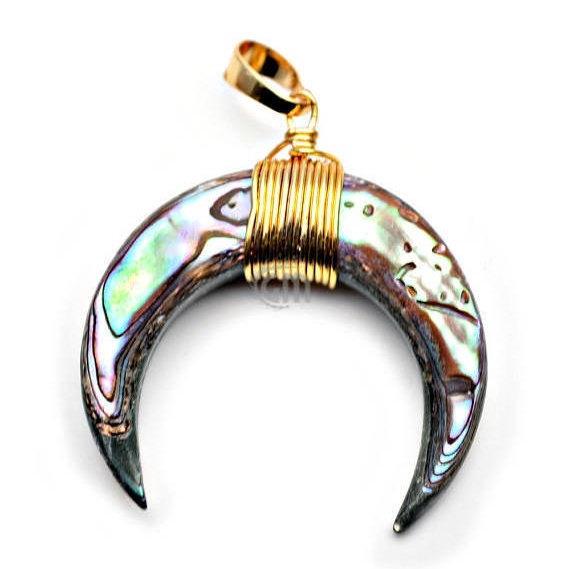 Gemstone Shell Horn Pendant, 32x34mm Gold Plated Wire Wrapped Double Horn Gemstone Crescent Moon Pendant(50026) - GemMartUSA