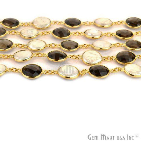 Smokey Topaz With Pearl 12mm Round Gold Bezel Continuous Connector Chain (764298657839)