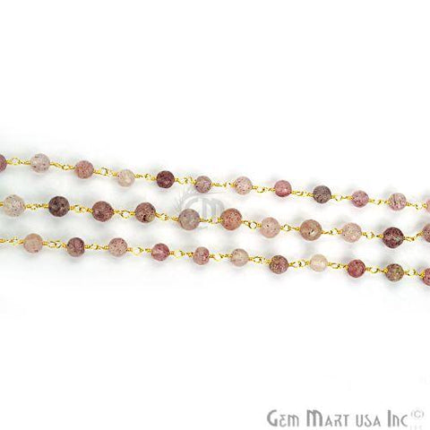 Strawberry Quartz Gold Plated Wire Wrapped Beads Rosary Chain (763700117551)