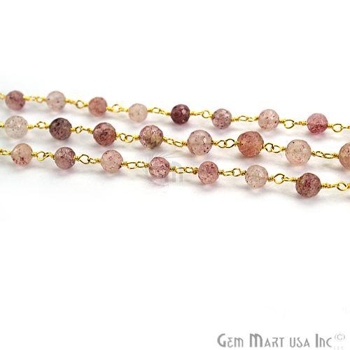 Strawberry Quartz Gold Plated Wire Wrapped Beads Rosary Chain (763700117551)