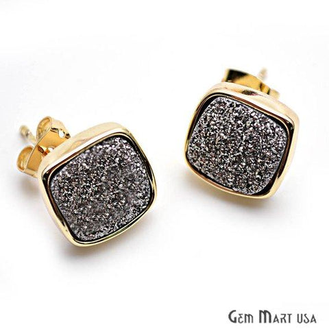 Square Shape 12mm Gold Plated Druzy Stud Earrings (Pick your Gemstone) (90002-1) - GemMartUSA
