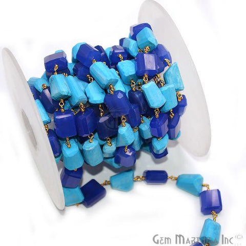 Turquoise With Blue Chalcedony 10-15mm Faceted Beads Gold Plated Rosary Chain