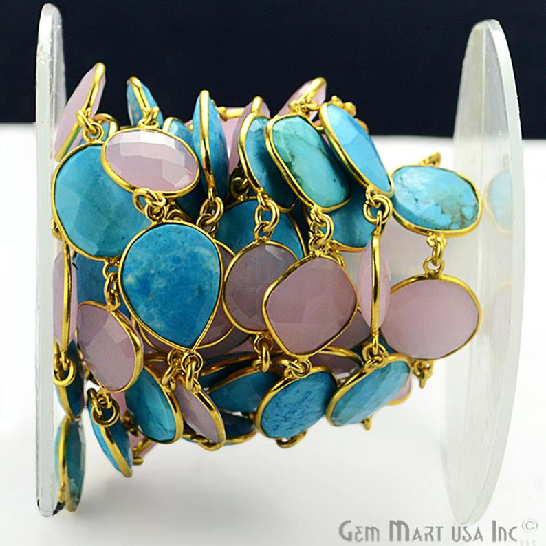 Rose Chalcedony & Turquoise Gold 10-15mm Continuous Connector Chain - GemMartUSA