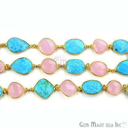 Rose Chalcedony & Turquoise Gold 10-15mm Continuous Connector Chain - GemMartUSA