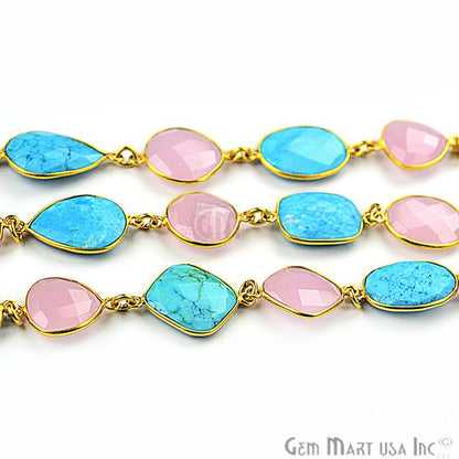 Rose Chalcedony & Turquoise Gold 10-15mm Continuous Connector Chain - GemMartUSA