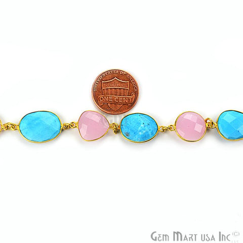 Rose Chalcedony & Turquoise Gold 10-15mm Continuous Connector Chain - GemMartUSA