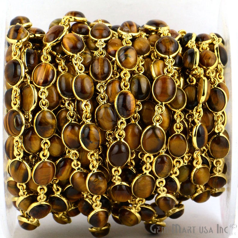 Tiger Eye Oval 8x10mm Gold Plated Bezel Continuous Connector Chain - GemMartUSA