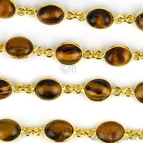 Tiger Eye Oval 8x10mm Gold Plated Bezel Continuous Connector Chain