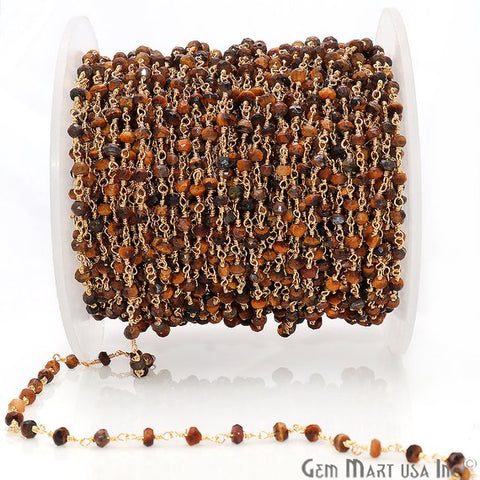 Tiger Eye Gemstone Beads 3-3.5mm Gold Wire Wrapped Rosary Chain - GemMartUSA