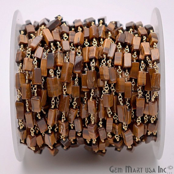 Tiger Eye Gemstone Beads Gold Plated Wire Wrapped Bead Fancy Rosary Chain - GemMartUSA