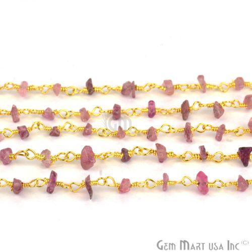Pink Tourmaline 4-6mm Nugget Chip Beads Gold Plated Rosary Chain (763935457327)