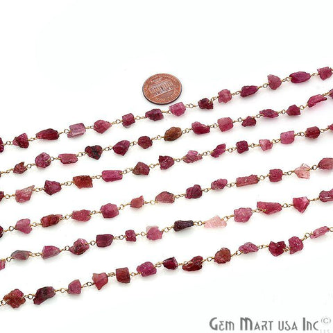 Pink Tourmaline 6x8mm Nugget Rough Gemstone Gold Wire Wrapped Rosary Chain