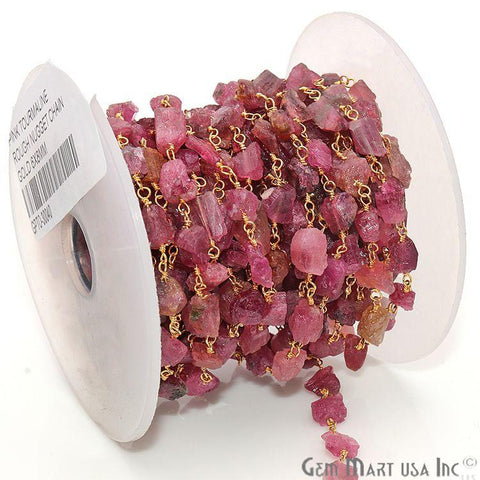 Pink Tourmaline 6x8mm Nugget Rough Gemstone Gold Wire Wrapped Rosary Chain