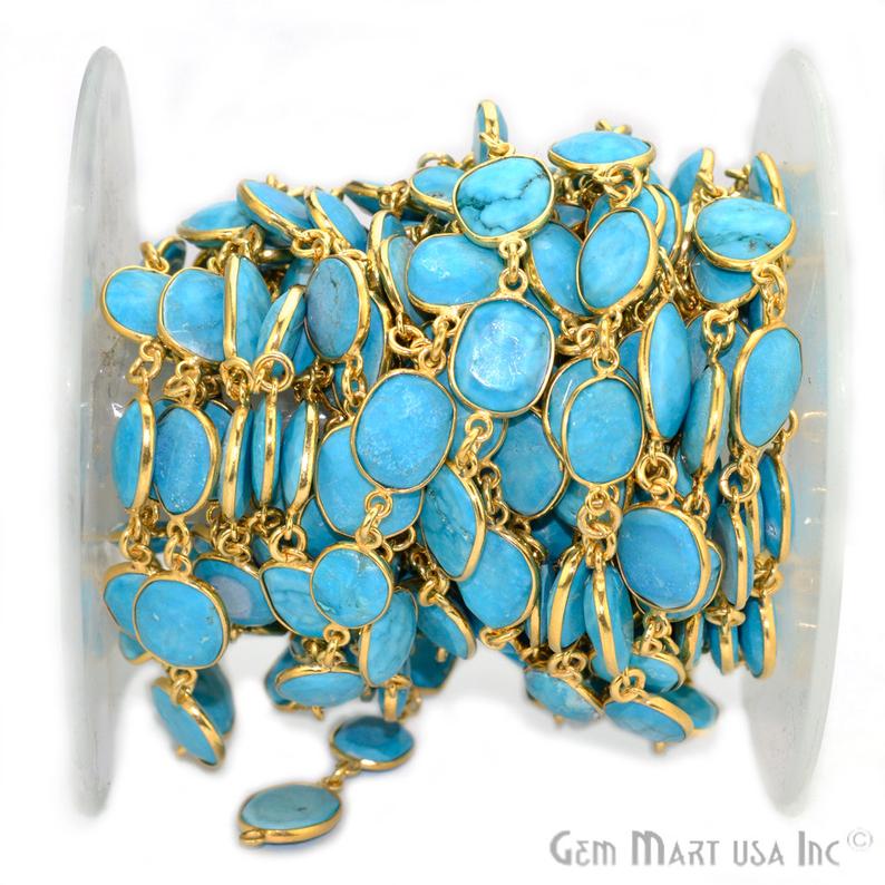 Turquoise 10-15mm Mix Shape Gold Bezel Continuous Connector Chain - GemMartUSA