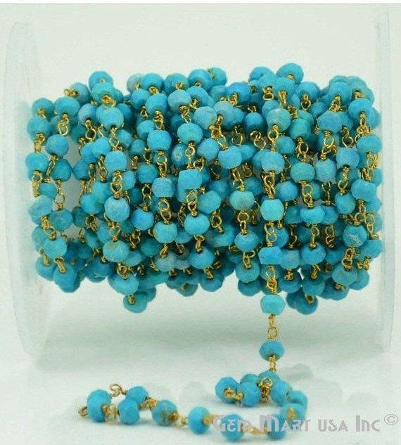 Turquoise Gemstone Beads Gold Plated Wire Wrapped Bead Rosary Chain - GemMartUSA