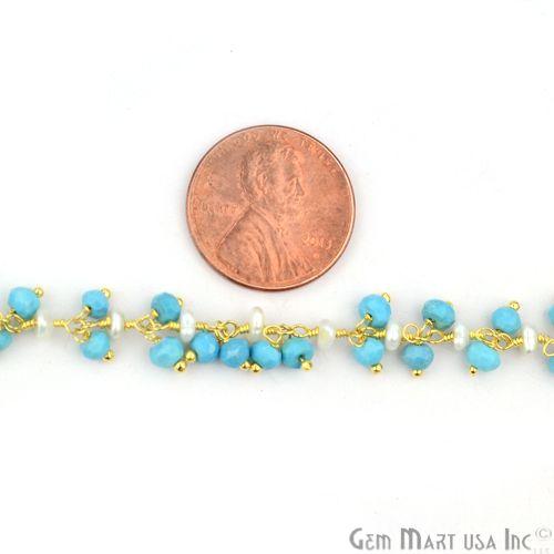 Turquoise With Pearl Cluster Beads Gold Plated Wire Wrapped Dangle Rosary Chain (764183838767)