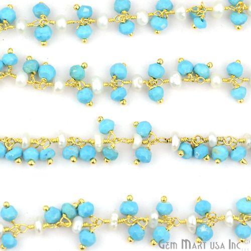 Turquoise With Pearl Cluster Beads Gold Plated Wire Wrapped Dangle Rosary Chain (764183838767)