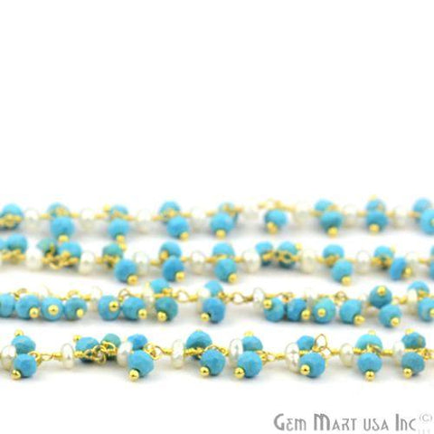 Turquoise With Pearl Cluster Beads Gold Plated Wire Wrapped Dangle Rosary Chain (764183838767)