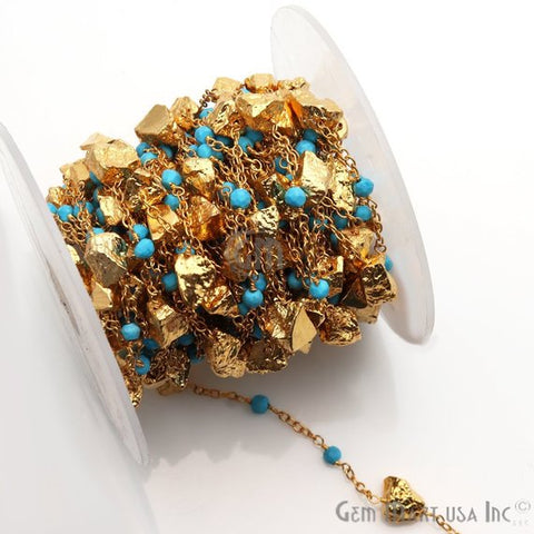 Turquoise 3-3.5mm With Golden Pyrite 6x10mm Gold Wire Wrapped Rosary Chain - GemMartUSA