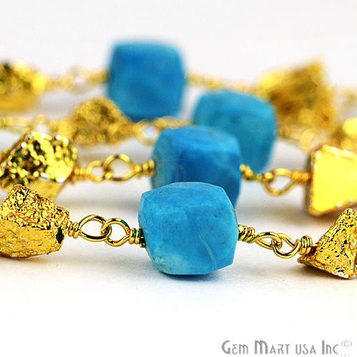 Turquoise With Golden Pyrite Nugget 6-7mm Gold Wire Wrapped Beads Rosary Chain (764056371247)
