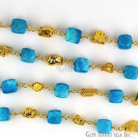 Turquoise With Golden Pyrite Nugget 6-7mm Gold Wire Wrapped Beads Rosary Chain (764056371247)