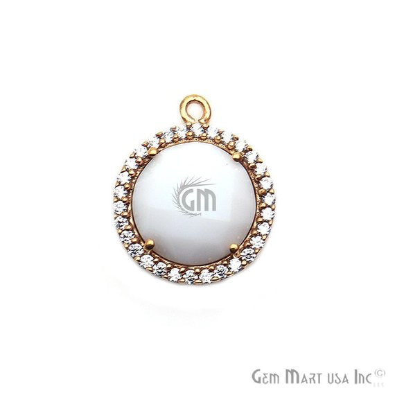 White Agate & Cubic Zirconia Pave 12mm Round Gold Plated Single Bail Connector - GemMartUSA