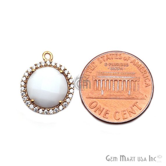 White Agate & Cubic Zirconia Pave 12mm Round Gold Plated Single Bail Connector - GemMartUSA