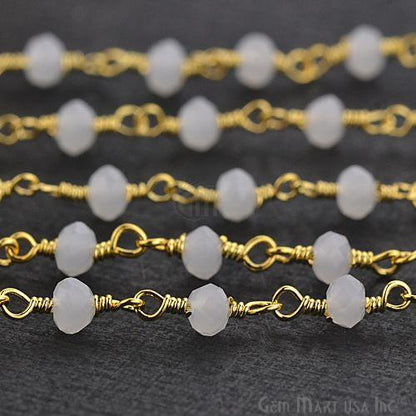 White Chalcedony 3-3.5mm Gold Plated Beaded Wire Wrapped Rosary Chain (764059320367)